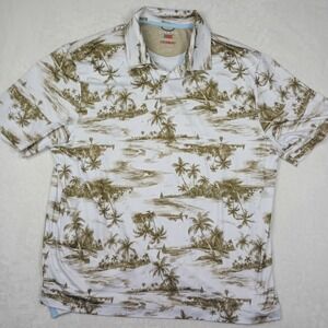 Chaps Performance Mens XL Polo Shirt Tropical Island Palm Tree White Green XL